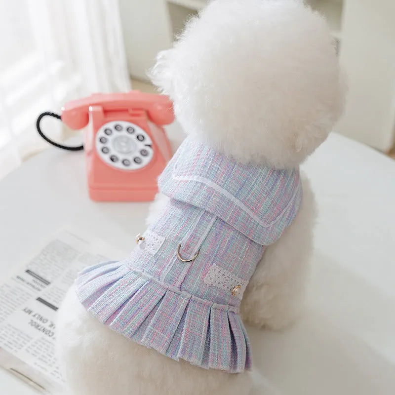 Purple and pink polyester pet clothes for small cats and dogs in four different sizes
