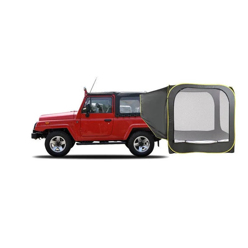 Black pop-up car tail tent unfolded to 200cm size with storage bag