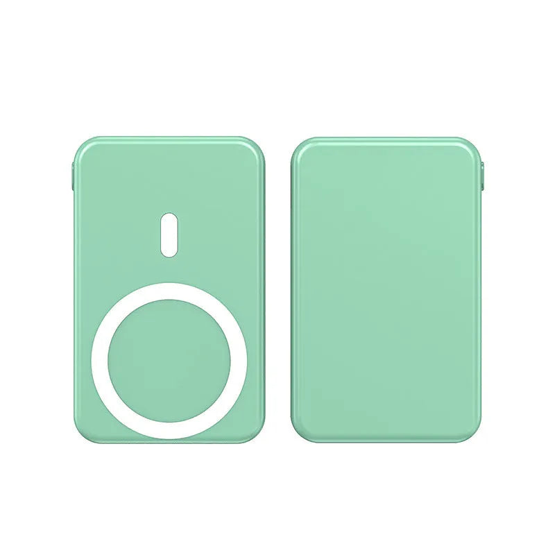 Magnetic wireless charging power bank with folding stand in pearl white colour.