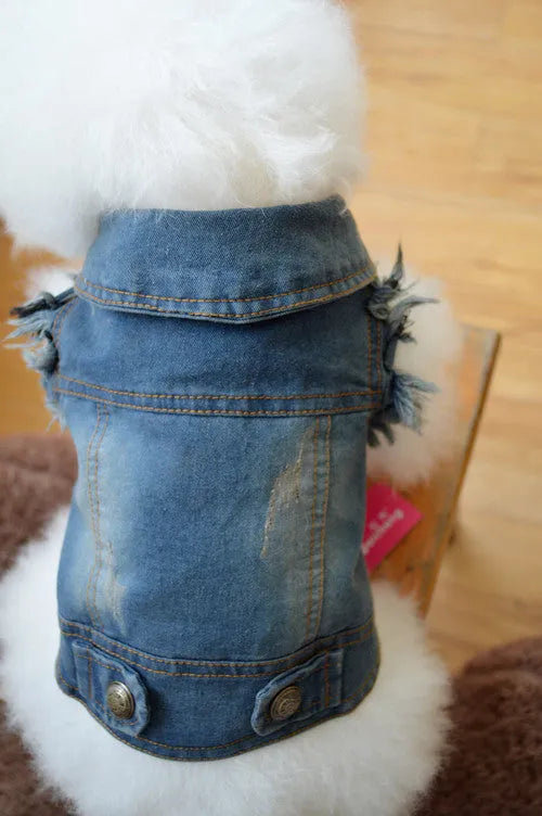 Retro scratch pattern denim dog vest in dark and light wash colours for small breeds