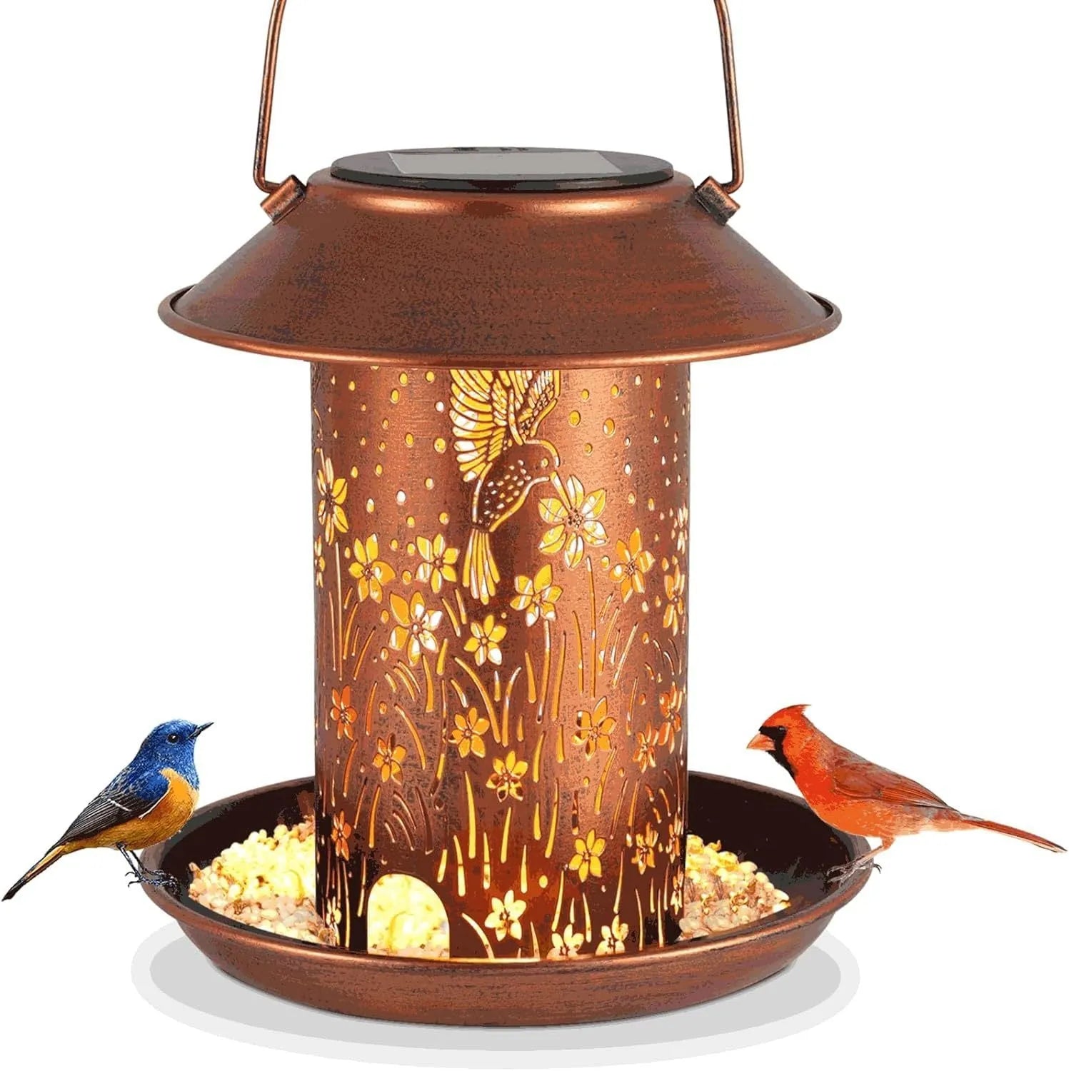 Solar-powered iron art hummingbird garden feeder lamp with waterproof IP65 rating.