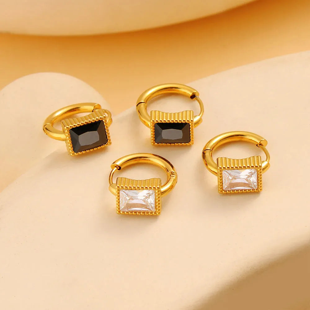 Square zircon geometric earrings in stainless steel with round ring elements