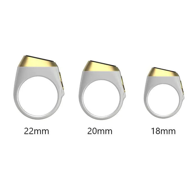 Silver smart ring with a small OLED screen displaying numbers, shown next to its charging case.