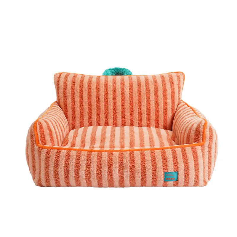 Striped soft velvet dog bed with removable cover in orange, purple or yellow colour options
