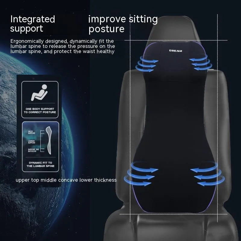 Integrated memory foam car headrest and lumbar support cushion in black, brown, red, green, blue, or grey colours