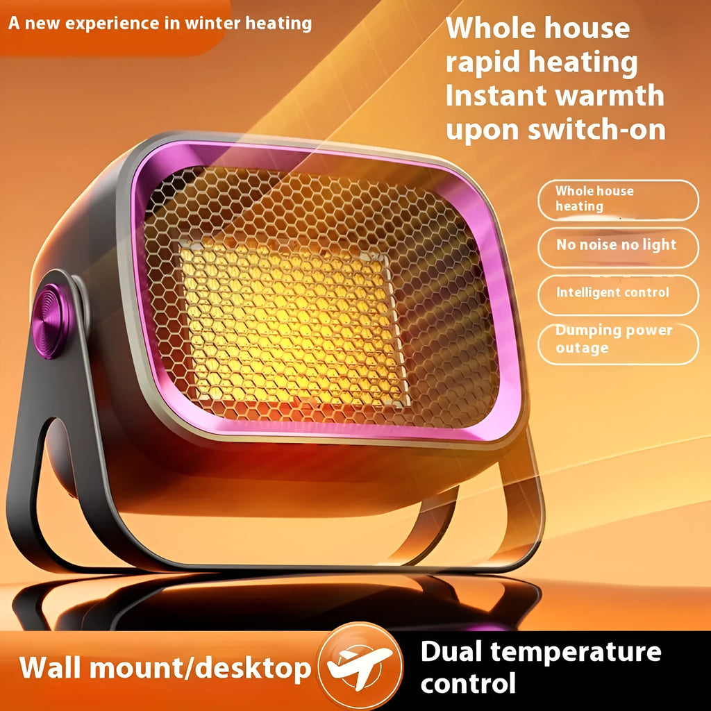 Grey PTC ceramic desktop heater with oscillation feature on wooden desk