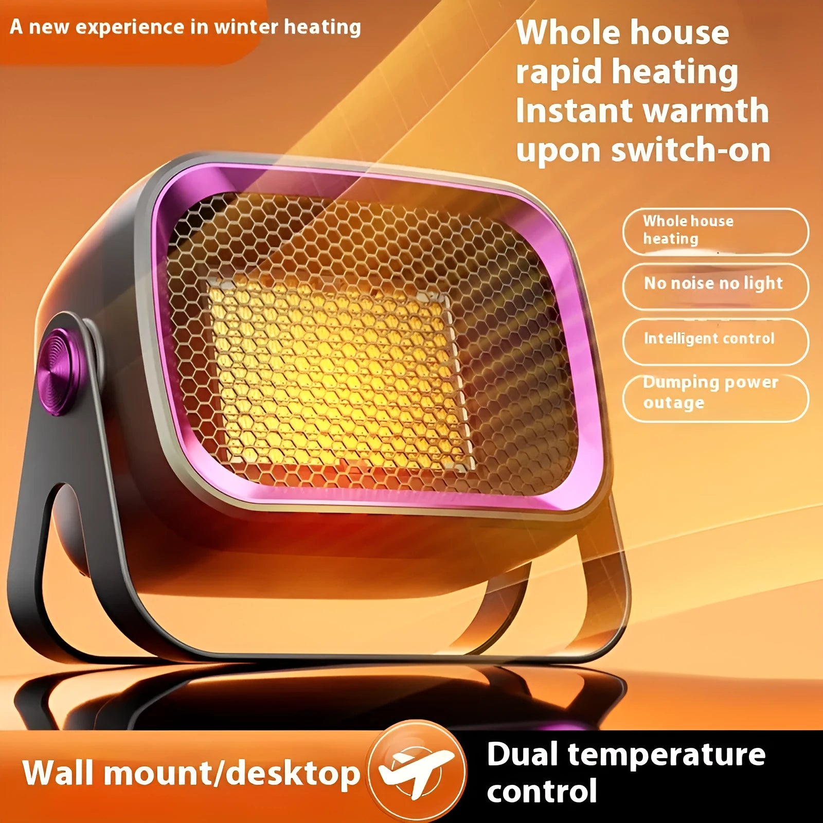 Grey PTC ceramic desktop heater with oscillation feature on wooden desk