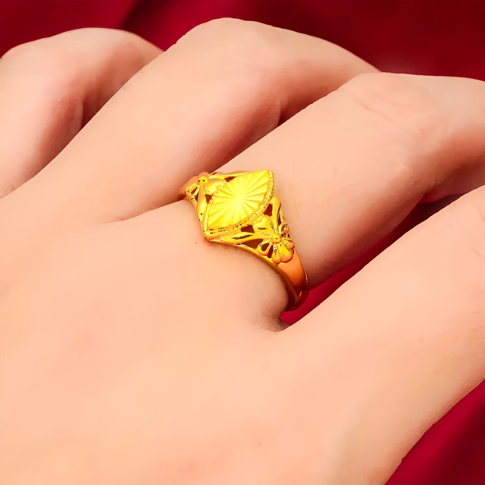 Geometric open ring with textured diamond flower pattern in electroplated gold finish
