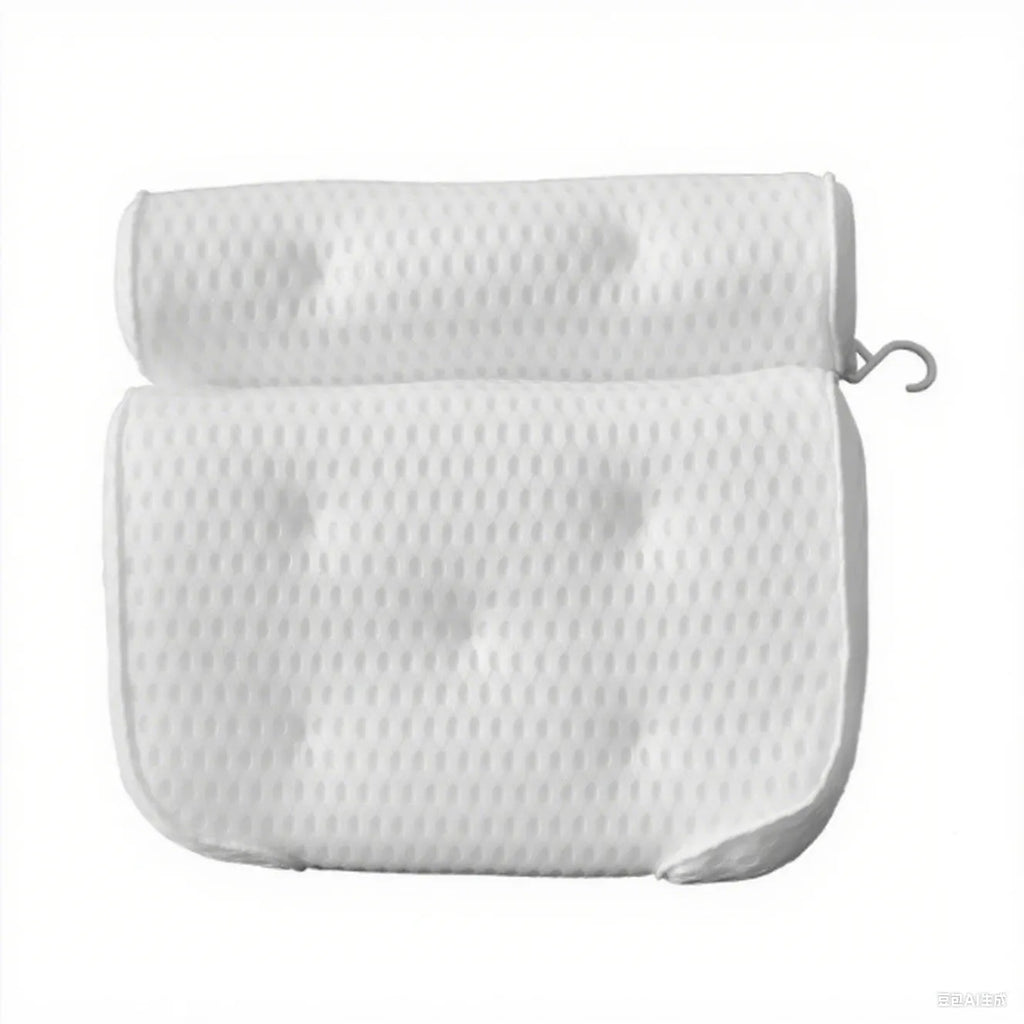 White 4D mesh bathtub pillow with multiple suction cups on a light luxury styled bath mat.