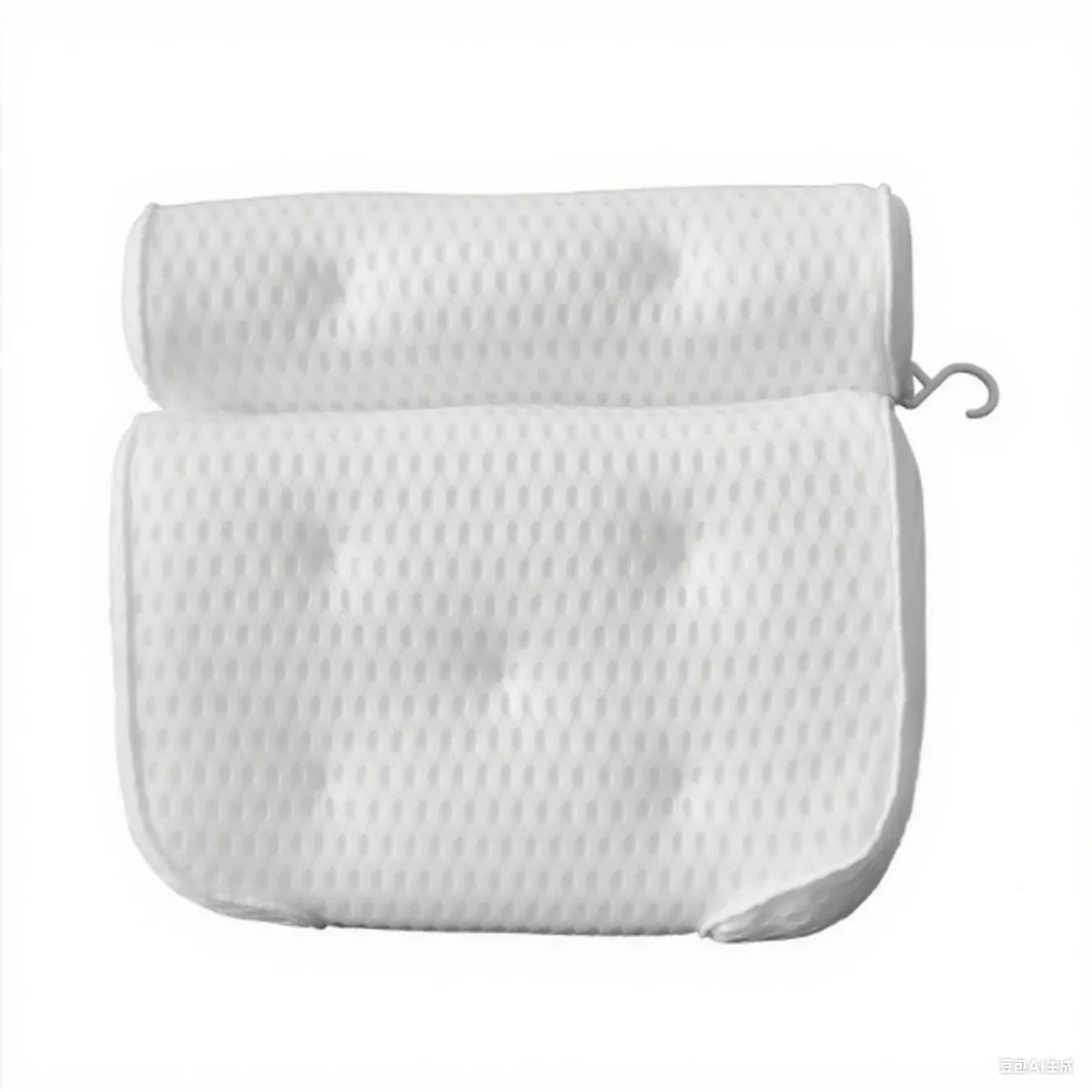 White 4D mesh bathtub pillow with multiple suction cups on a light luxury styled bath mat.