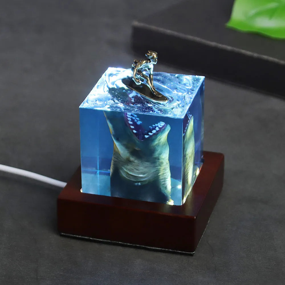 Shark surfer resin night light ornament with crystal glue finish in 5cm or 8cm size