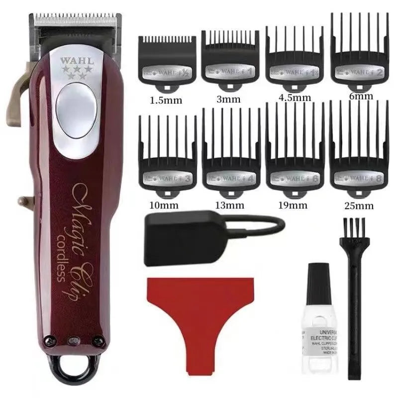 Charging hair clipper set with stainless steel cutter heads and EU, UK, US plug adaptors for adults and children