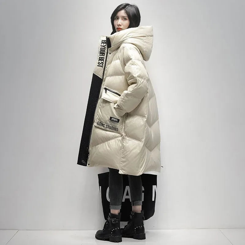 Women's ultra-thin mid-length down coat in black with long sleeves and loose fit, white duck down filling
