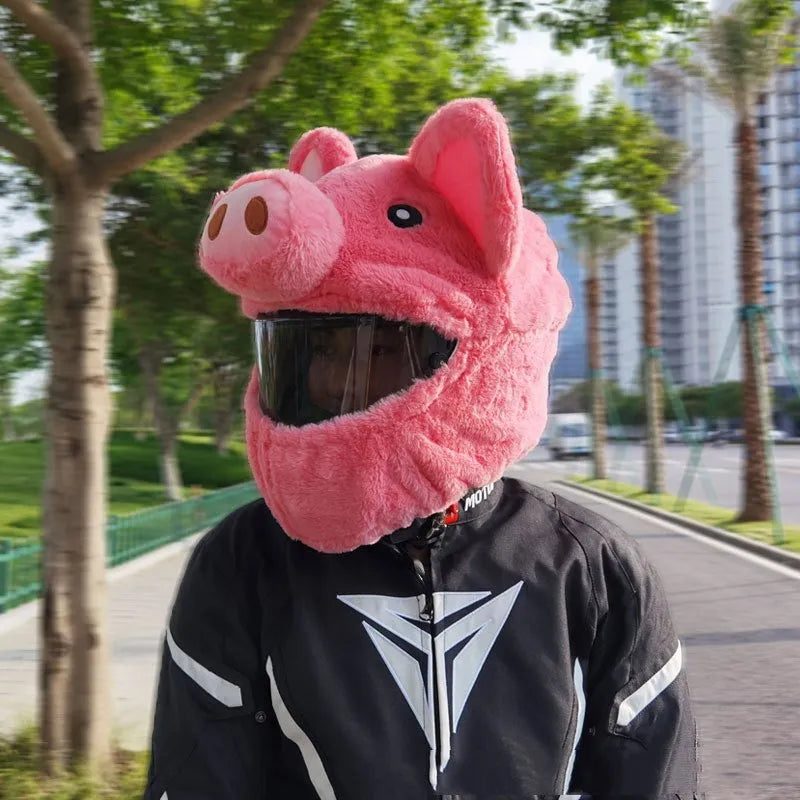 Cartoon design plush protective hood for motorcycle helmets in pink pig colour