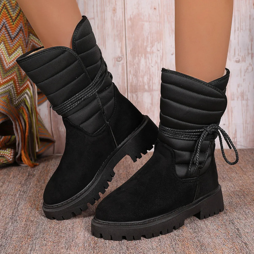 Women's chunky heel mid-tube snow boots with lace-up design in black, grey, and brown colours