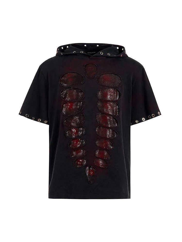 Black hooded men's T-shirt with sequin decoration and short sleeves in loose fit