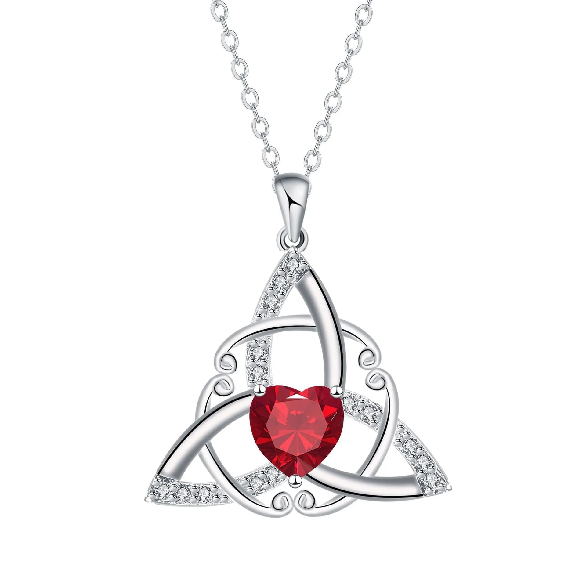 Women's Celtic knot necklace in copper with geometric pendant showing electroplated colour options