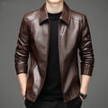 Thin fleece-lined genuine leather jacket in black colour block design with straight hem and loose fit