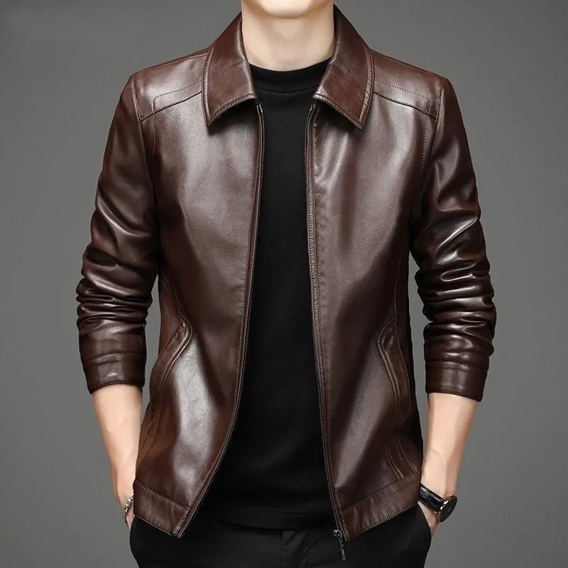 Thin fleece-lined genuine leather jacket in black colour block design with straight hem and loose fit