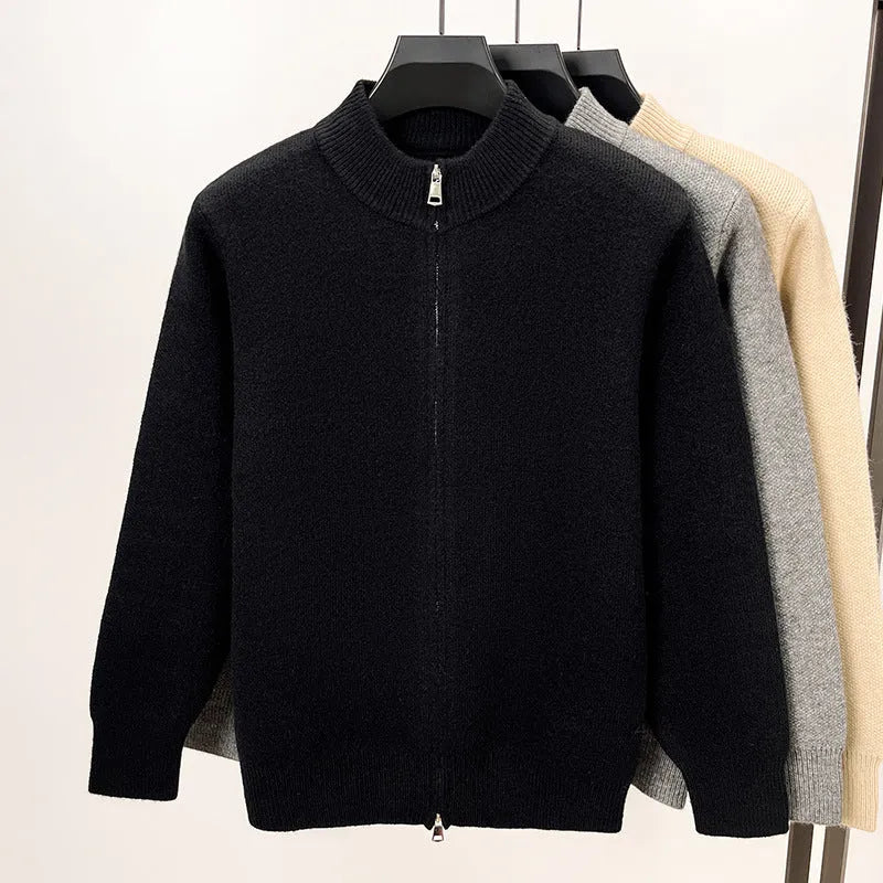 Men's grey knitted cardigan with stand collar and full-length front zipper in loose fit