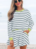 Women's black stripe cotton-blend blouse and shorts set with ribbed banding detailing