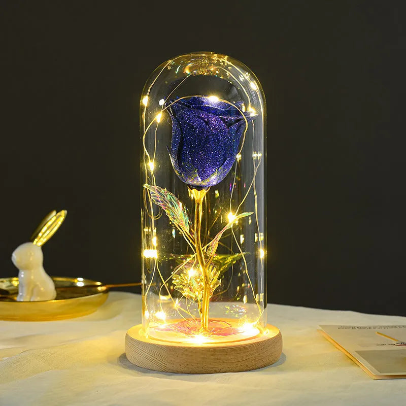 Eternal rose in glass cover with LED light on, seven colour options, handmade copper wire stem
