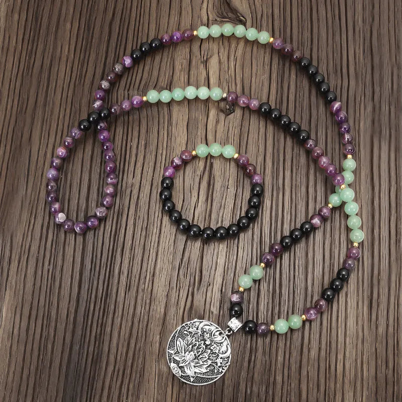 Geometric lotus pendant necklace and bracelet set with stone beads and adjustable chain