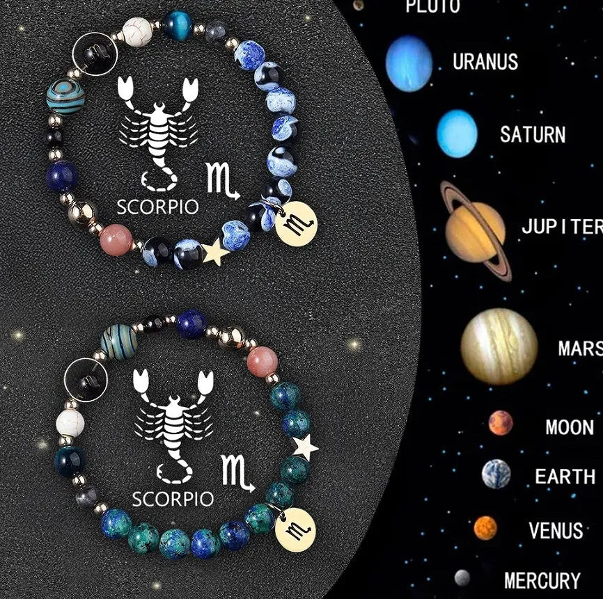 Two natural stone beaded bracelets showing Chinese zodiac animal signs including dragon and rabbit symbols