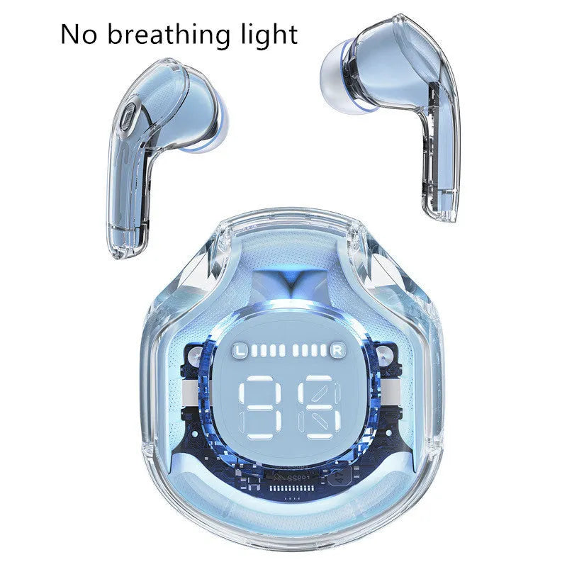 Transparent wireless Bluetooth headset with in-ear design in white, black, pink, sky blue or violet colours