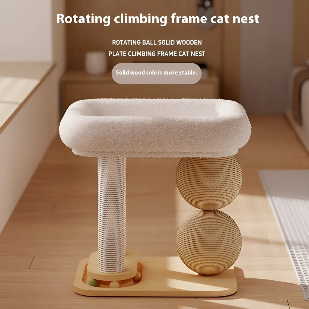 Pine wood cat nest with two columns holding chamfered balls and a central resting platform.