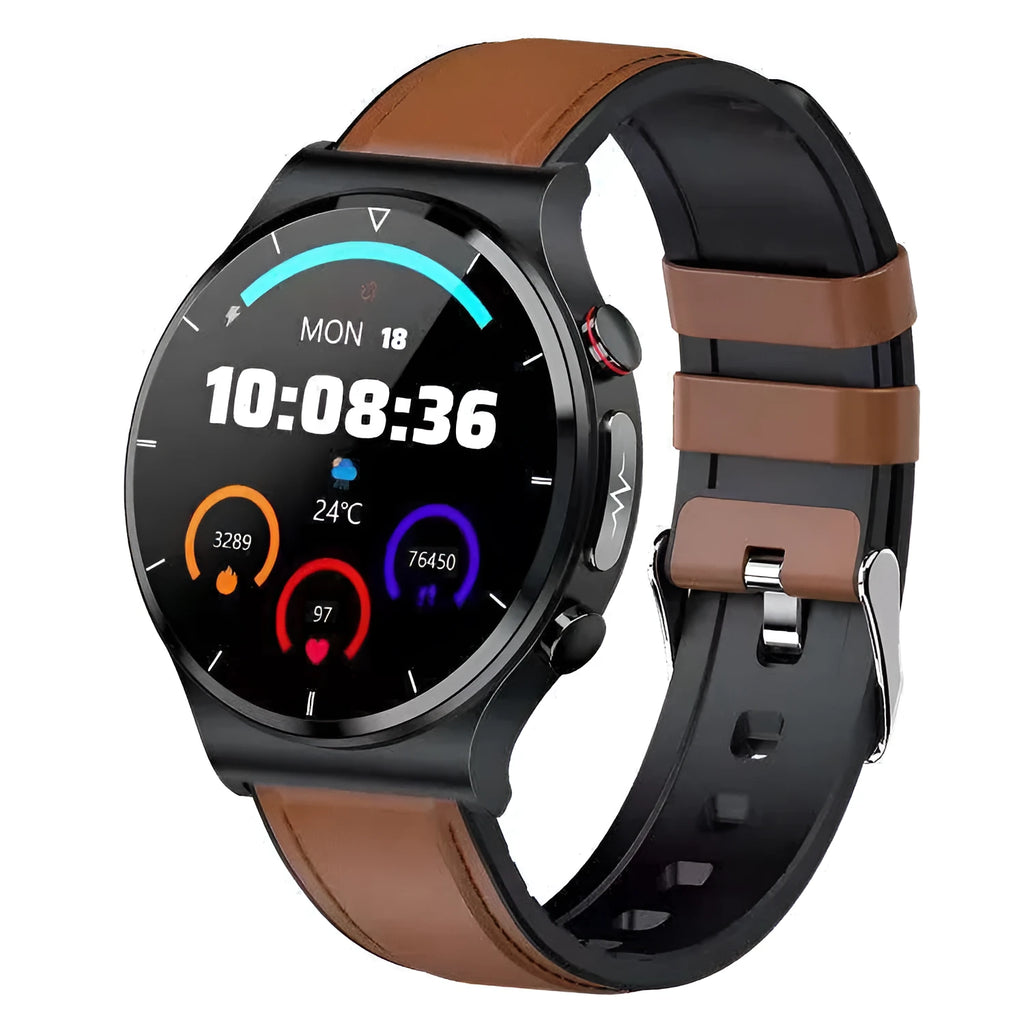 Smart watch with wireless charging and ECG monitoring, 1.32-inch screen, metal alloy case, black leather strap