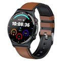 Smart watch with wireless charging and ECG monitoring, 1.32-inch screen, metal alloy case, black leather strap