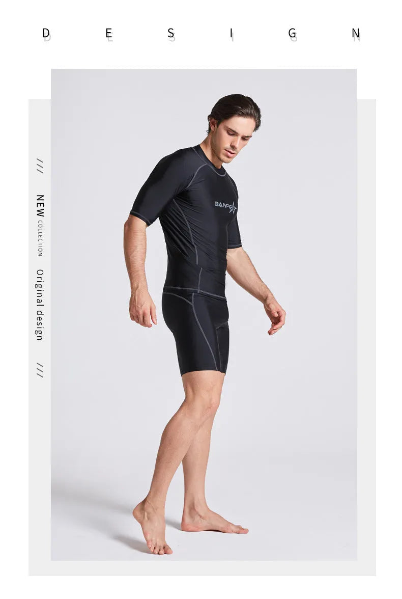 Men's quick-drying half sleeve swimsuit set in nylon fabric for water activities