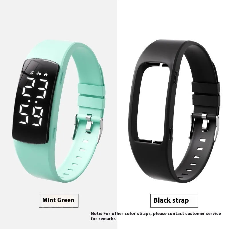 Electronic vibration alarm watch with LED display and silicone strap showing waterproof rating of 50 metres