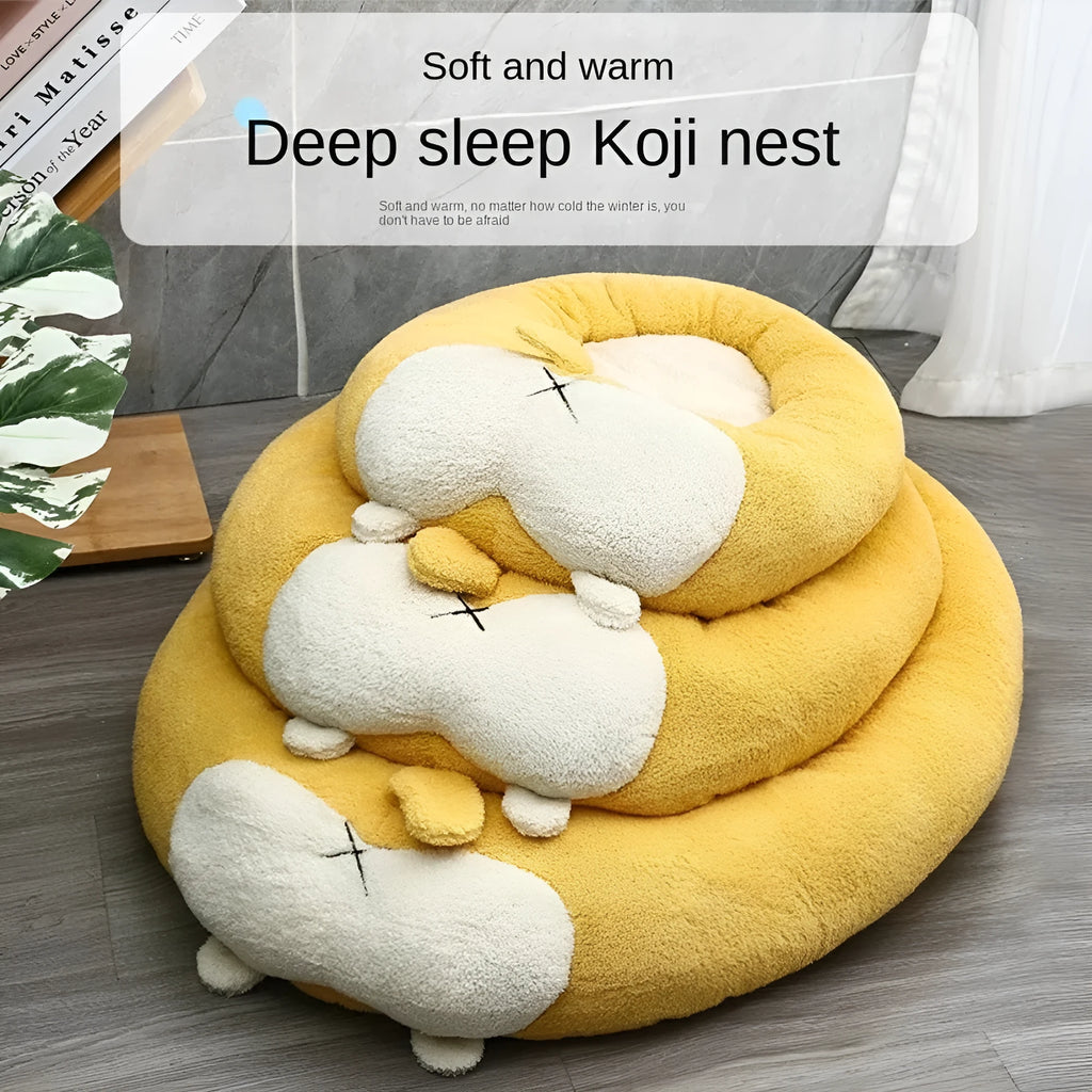 Brown and white corgi-shaped plush pet bed for dogs or cats