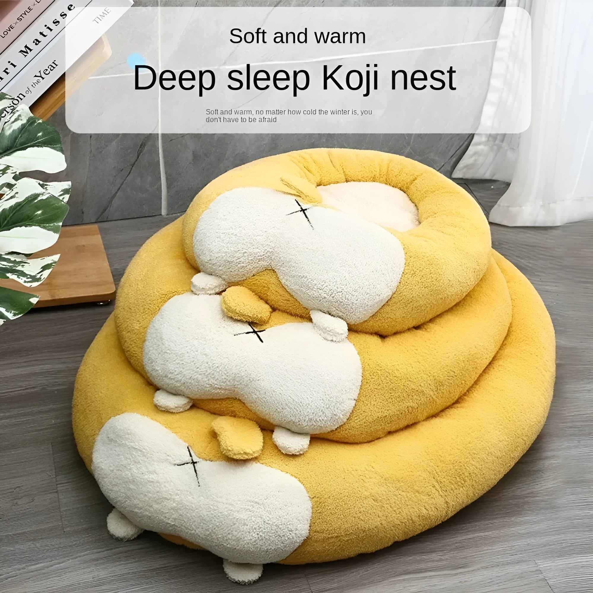 Brown and white corgi-shaped plush pet bed for dogs or cats