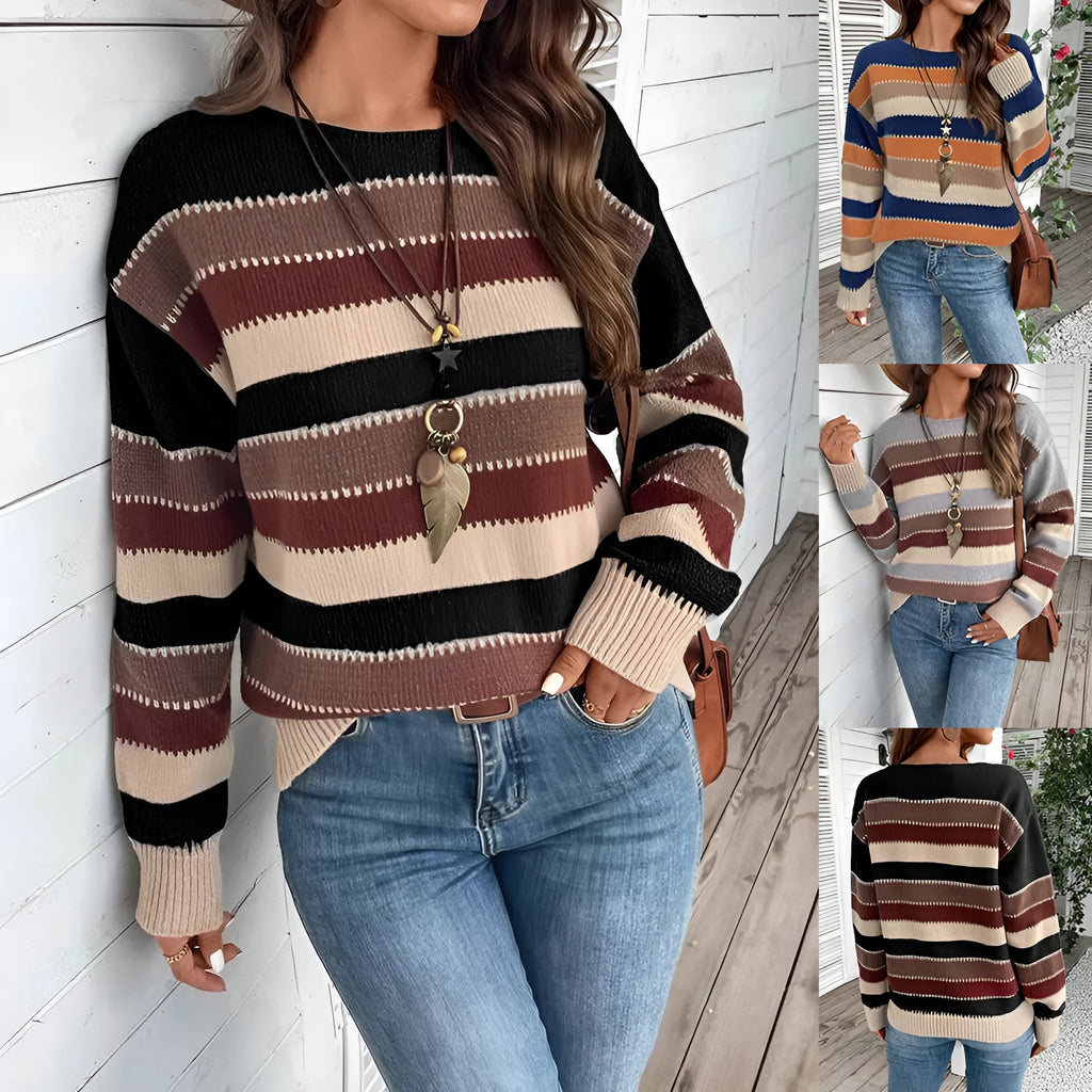 Women's colourblock striped polyester pullover sweater with long sleeves