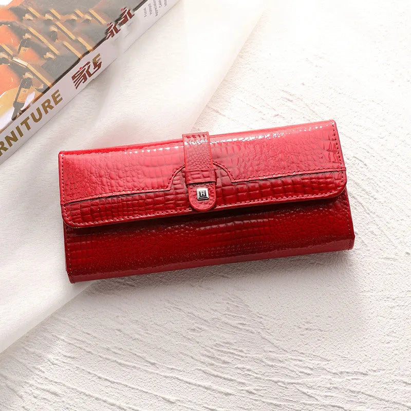 Women's genuine leather compact wallet in solid colour, size 19x10x3cm, available in wine red, black, peacock blue, brown