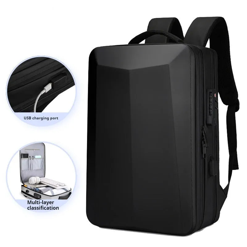 Black waterproof business backpack made from ABS PC and Oxford cloth with curved shoulder straps