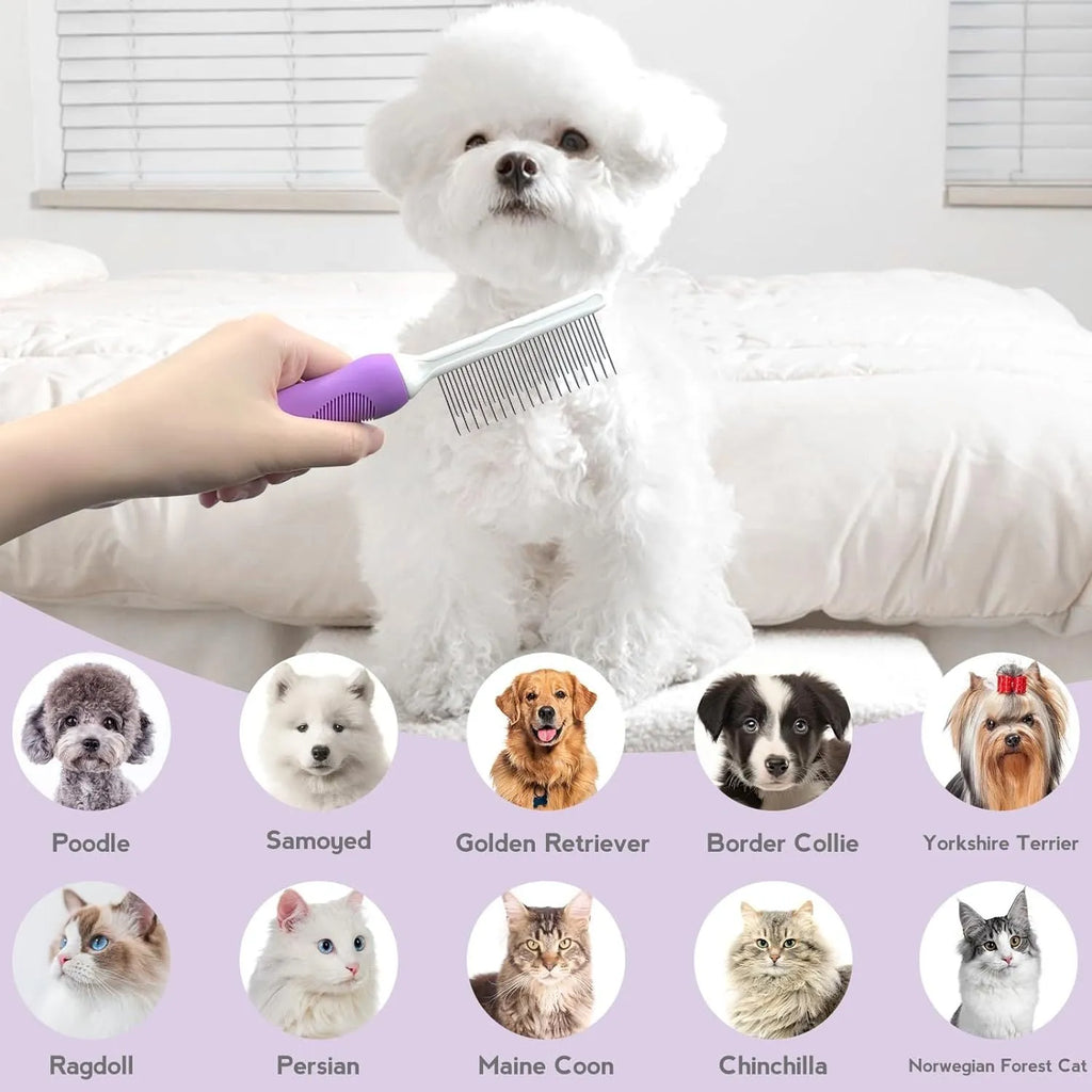 Purple pet detangling comb with stainless steel teeth for dog and cat grooming