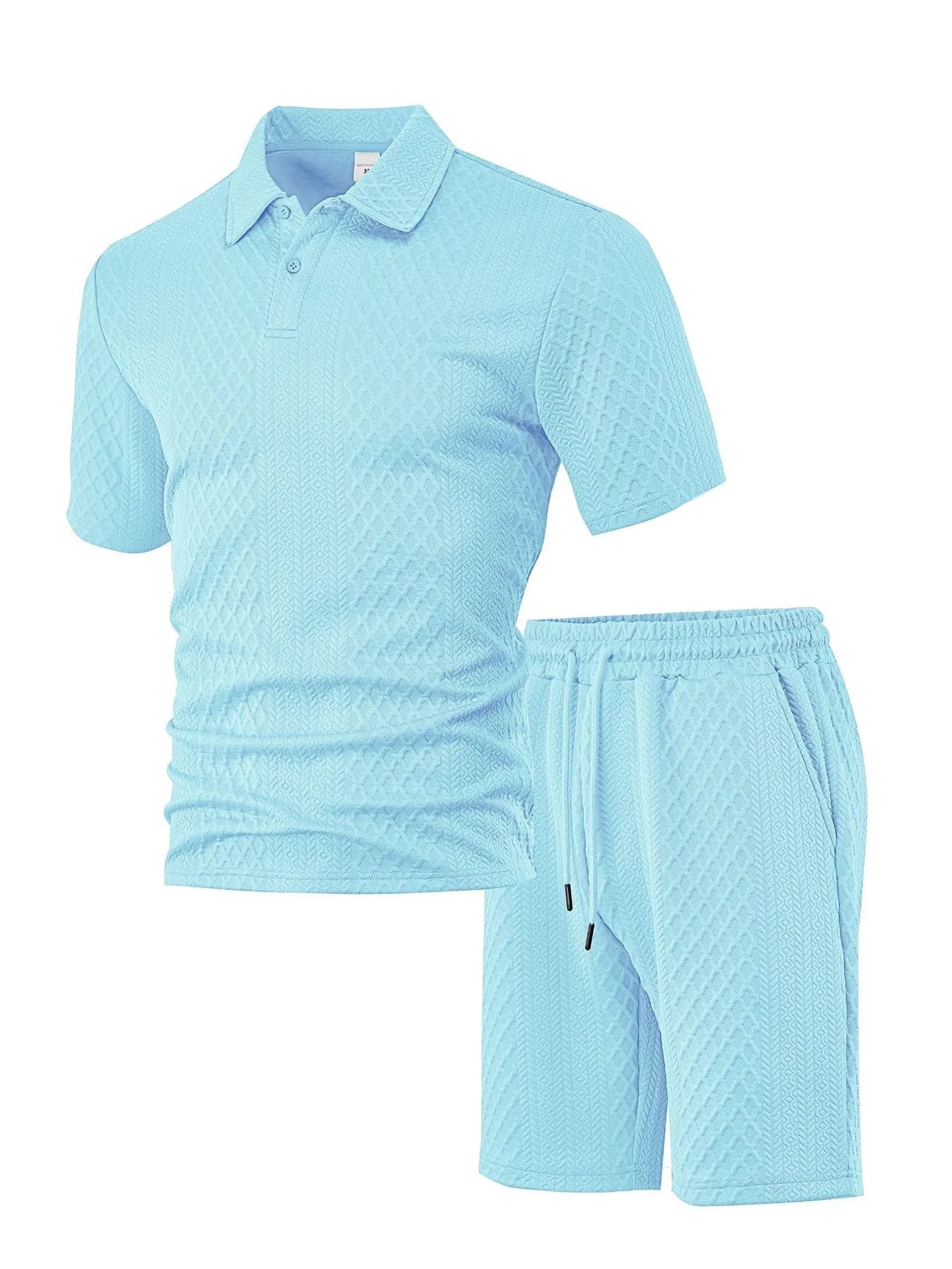 Men's patterned polyester casual suit set with short sleeve polo top and matching trousers