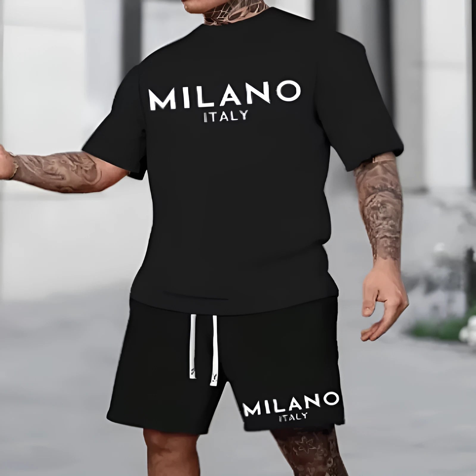 Men's short sleeve suit set with round neck pullover top and matching shorts in five colour options