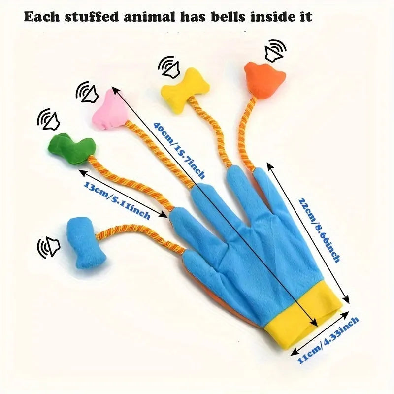 Magic glove plush toy for cats with integrated bell, yellow and blue fleece pet toy