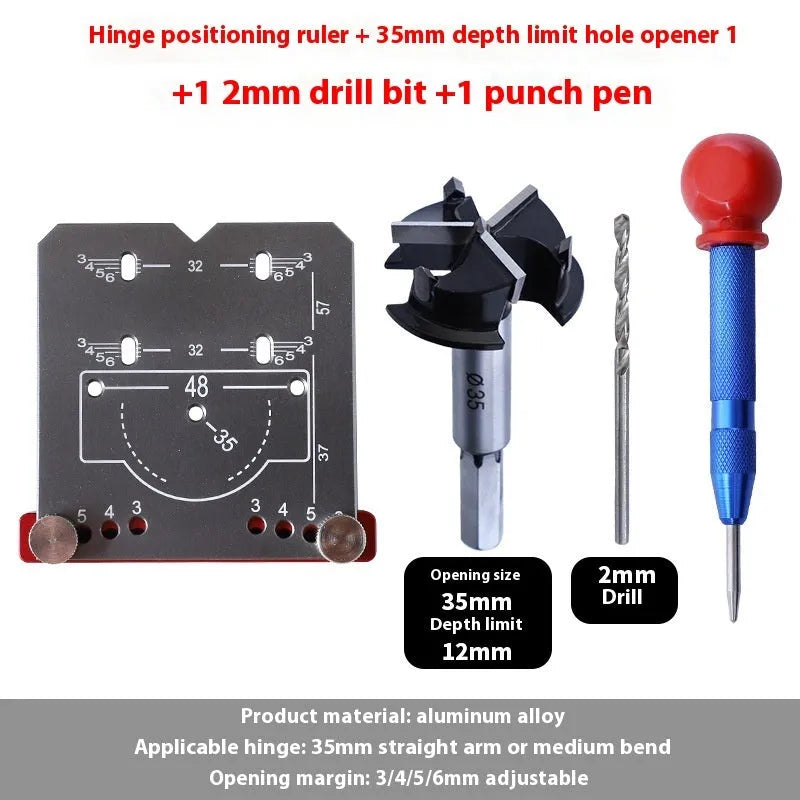 Red aluminium hinge locating tool with adjustable margin settings for 35mm cabinet door hinges