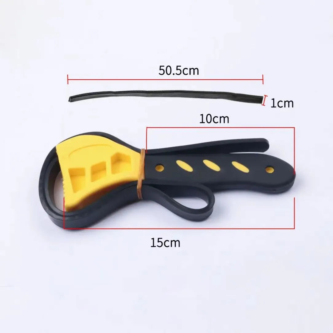 A 6-inch and 8-inch adjustable rubber strap wrench set with a black rubber strap and plastic handle.