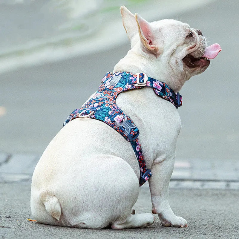 Pure cotton dog chest strap harness with floral pattern in red, blue, or green, showing pull-resistant design and adjustable sizing