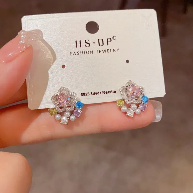 Full diamond silver petal stud earrings with real gold plating on copper, flower shape, in khaki colour