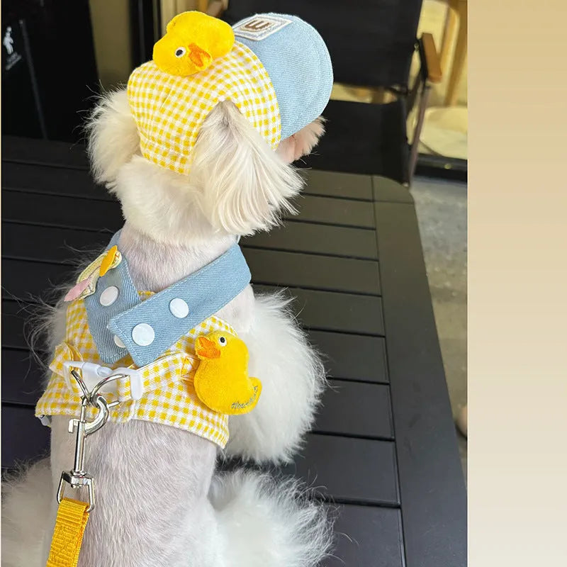 Three-piece pet clothing set with cute hat, dog harness, and wire rope leash in spring summer design