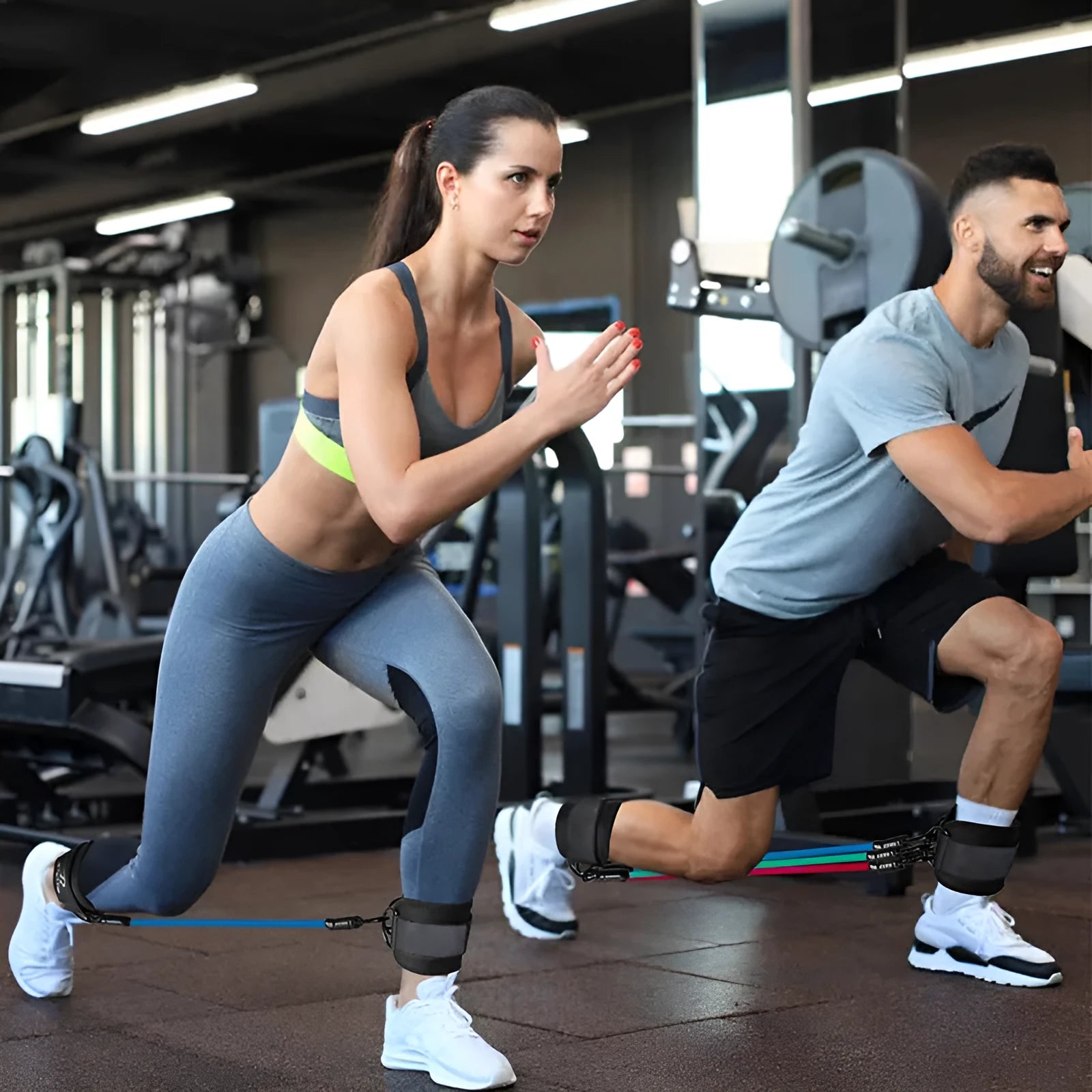 Set of three TPE resistance bands (10lb, 20lb, 30lb) with ankle buckles and foot loops for leg exercises.