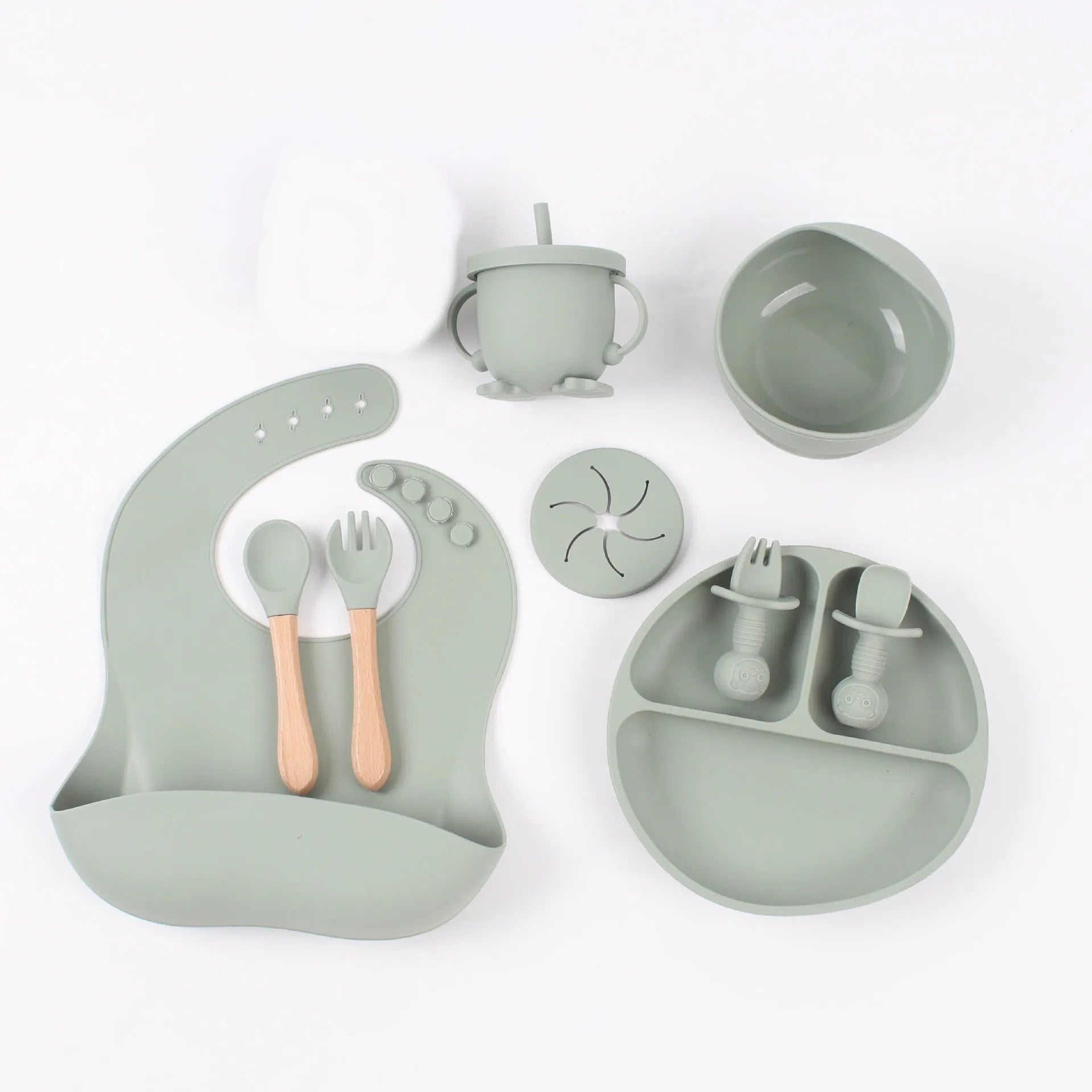 Silicone baby food snack catcher bib tableware set in nine colours including dark pink, light blue, army green, beige, and purple